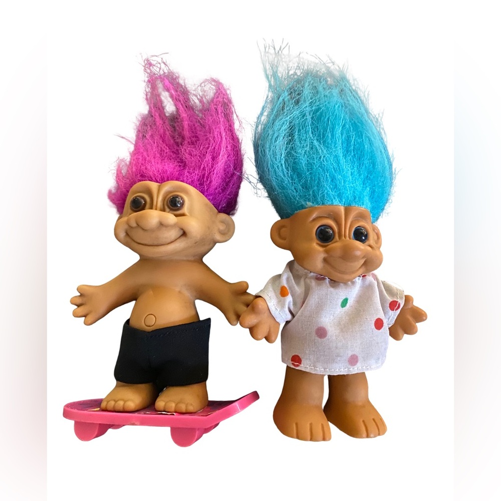 Vintage Troll Lot Of 2 Retro 80s Skateboard Skater & Polka Dot Dress Girl‎